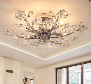 Flower Crystal Ceiling Chandelier Contemporary Metal 6 Lights Ceiling Light Fixture in Silver